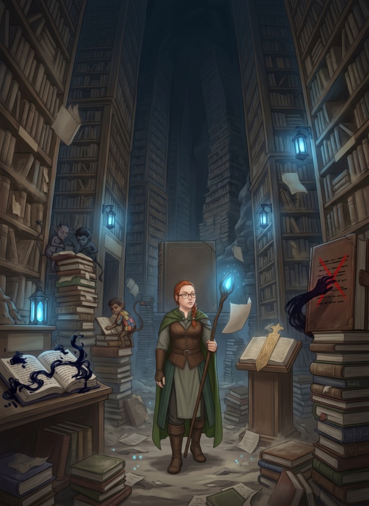 Painted scene of the Forgotten Library, endless stacks