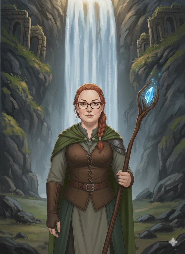 Painted scene of the Veil of Aeloria, a waterfall and a wordbinder